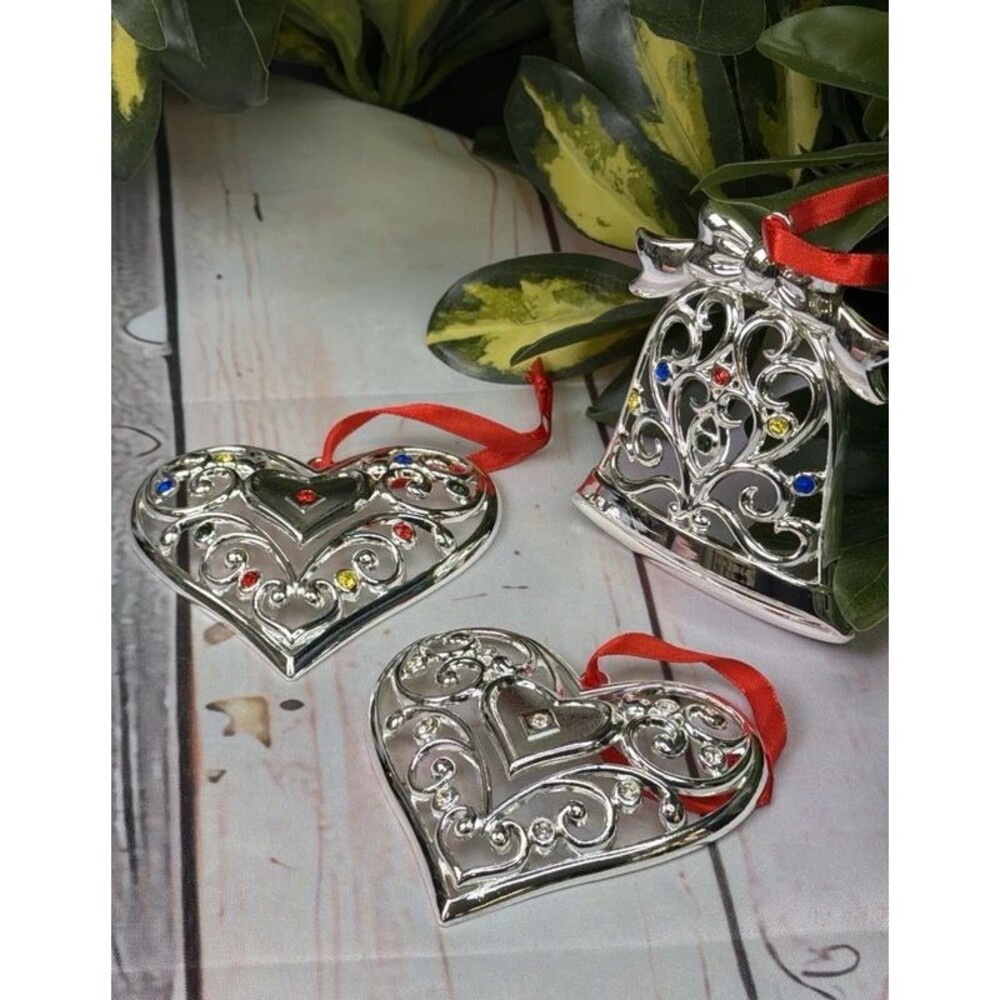 Lenox Silver Tone Christmas Ornament Lot of 3 Heart & Bell with Rhinestone 3”